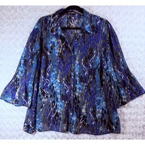 Fashion Bug Womens 1X Blue Abstract Pleated Button Front 3/4 Sleeve Blouse